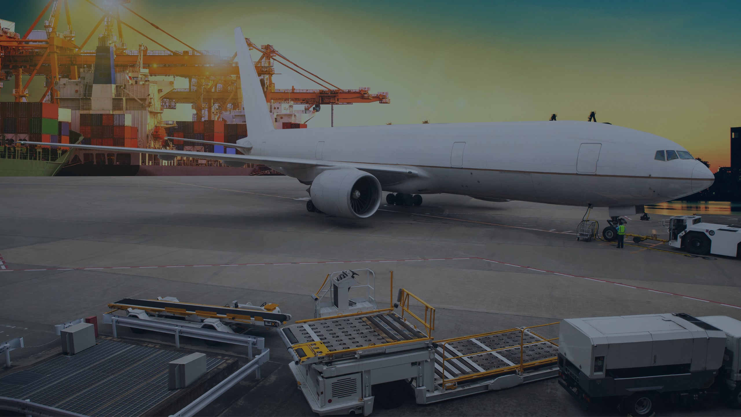 Clinical Trial Supply Chain depiction with an airplane on the runway as well as import containers and equipment in the background.